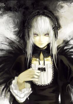 1girl black_collar black_dress black_hairband black_ribbon black_wings closed_mouth collar commentary cowboy_shot detached_collar doll_joints dress expressionless feathered_wings frilled_hairband frills gothic_lolita hair_ribbon hairband highres joints juliet_sleeves lolita_fashion lolita_hairband long_hair long_sleeves looking_at_viewer neck_ribbon puffy_sleeves purple_eyes realistic ribbon rozen_maiden solo suigintou ume73 white_dress white_hair wings