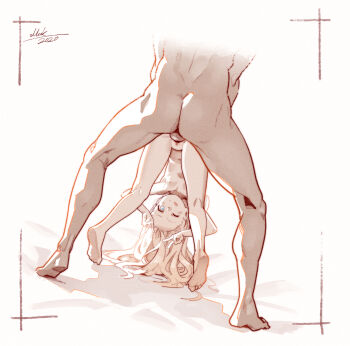 1boy 1girl 2020 age_difference ass barefoot blonde_hair blue_eyes carrying closed_mouth completely_nude cropped_head hanging_legs doggystyle double_v from_behind full_body hanging held_up hetero highres lifting_another's_clothes loli long_hair looking_at_viewer looking_back looking_through_own_legs muk_(monsieur) muscular muscular_male nude one_eye_closed petite pussy sex sex_from_behind size_difference skinny small_areolae small_nipples smirk soles solo_focus spread_legs tagme toes tongue tongue_out v vaginal wink