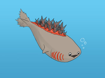 air_bubble animal black_mouth bubble fish full_body fusion gills godzilla godzilla_(series) godzilla_(shin) highres ibuki_(tulta_icon) meme mutant no_humans parody sacabambaspis shin_godzilla shin_godzilla&#039;s_first_form spines tail trait_connection underwater