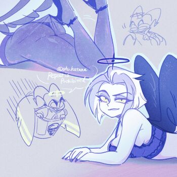 1girl adam_(hazbin_hotel) ass bare_arms bare_shoulders black_shoes bra breasts commentary english_text from_side halo hazbin_hotel hellaverse high_heels hooked_on_heel horns lace_pantyhose lace_pantyhose_hooked_on_heel_(meme) large_breasts looking_at_viewer lute_(hazbin_hotel) lying meme nail_polish on_stomach pantyhose shoes shu_katana symbol-only_commentary underwear wings yellow_eyes