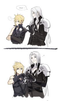 2boys ? armor black_gloves black_jacket blonde_hair character_name chest_strap cloud_strife crossed_arms detached_sleeves english_text final_fantasy final_fantasy_vii final_fantasy_vii:_advent_children frown gloves grey_hair hair_between_eyes heart heart_hands_failure highres jacket long_bangs long_hair long_sleeves lydiaaa male_focus multiple_boys parted_bangs sephiroth sequential shirt short_hair shoulder_armor single_bare_shoulder single_detached_sleeve sleeveless sleeveless_shirt smile speech_bubble spiked_hair thumbs_down upper_body white_background