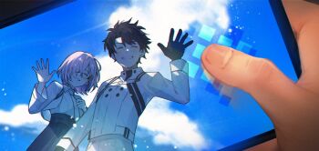 1boy 1girl black_gloves black_hair blue_sky cellphone closed_eyes cloud fate/grand_order fate_(series) fujimaru_ritsuka_(male) fujimaru_ritsuka_(male)_(decisive_battle_chaldea_uniform) glasses gloves hair_over_one_eye holding holding_phone mash_kyrielight phone pov pov_hands purple_hair sky smartphone smile thumb waving yamabuki_otk