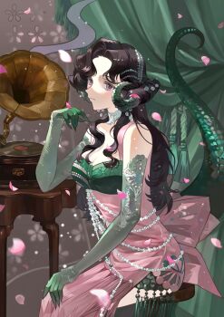 1girl absurdres anjo_nala bare_shoulders black_hair breasts brown_background choker cleavage cowboy_shot curled_horns curtains dress elbow_gloves falling_petals from_side gloves green_tail grey_choker grey_gloves grey_horns hand_up highres horns large_breasts lizard_tail long_hair looking_at_viewer low_horns petals phonograph polka_dot purple_eyes qingmang_yelan reverse:1999 side_slit sitting sleeveless sleeveless_dress solo tail