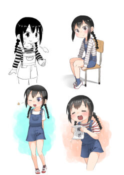1girl :d ;d black_hair blush braid brown_eyes chair closed_eyes heart holding long_hair long_sleeves low_twintails mitsudomoe_(manga) mole mole_under_eye multiple_views ogata_airi on_chair one_eye_closed open_mouth overall_skirt puffy_long_sleeves puffy_sleeves saliva school_chair shadow shirt short_sleeves sitting smile star_(symbol) striped_clothes striped_shirt twin_braids twintails white_background white_shirt yone_kinji