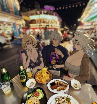 1boy 2girls absurdres black_shirt blonde_hair blurry blurry_background bottle breasts brown_jacket chopsticks cleavage commentary cowlick cup disposable_cup english_commentary ficoemirrio food grey_hair highres holding holding_chopsticks jacket large_breasts meat medium_hair midriff mole mole_on_breast mole_under_mouth multiple_girls navel night noodles open_clothes open_jacket outdoors patterned_clothing plate shirt short_sleeves single_hair_intake sitting strapless suction_cups table tentacle_girl tentacle_tail tentacles tube_top wise_(zenless_zone_zero) yellow_eyes yidhari_murphy yin_yang_pin yixuan_(zenless_zone_zero) zenless_zone_zero