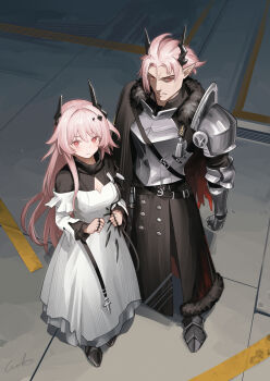 1boy 1girl absurdres arknights armor breasts brother_and_sister closed_mouth commentary_request demon_girl demon_horns dress from_above fur_trim highres horns jewelry long_hair looking_at_viewer medium_breasts multiple_rings pink_hair red_eyes ring siblings standing theresa_(arknights) theresis_(arknights) welt_(kinsei_koutenkyoku) white_dress