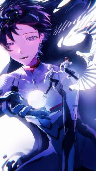 2boys absurdres black_pants blue_bodysuit blue_shirt bodysuit brown_hair chinese_commentary collared_shirt commentary_request full_body grey_hair highres holding_another&#039;s_wrist ikari_shinji interface_headset_(evangelion) jidi_yi_nan jumping looking_at_another looking_at_viewer male_focus mecha_pilot_suit multiple_boys nagisa_kaworu neon_genesis_evangelion pants plugsuit_(evangelion) purple_shirt school_uniform shirt shoes short_hair sky star_(sky) starry_sky tokyo-3_middle_school_uniform white_shirt white_shoes yaoi