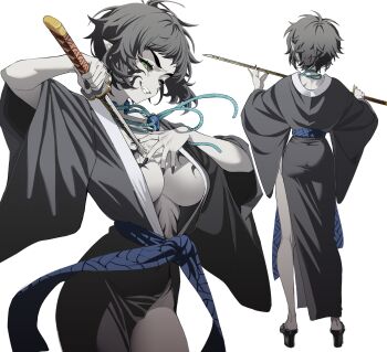 1girl absurdres black_hair black_nails breasts colored_sclera fang from_behind full_body genderswap genderswap_(mtf) grin highres holding japanese_clothes kaigaku katana kimetsu_no_yaiba kimono large_breasts long_sleeves looking_at_viewer nail_polish shoes short_hair simple_background sirin_(sirin_8_8) smile standing sword teeth weapon white_background