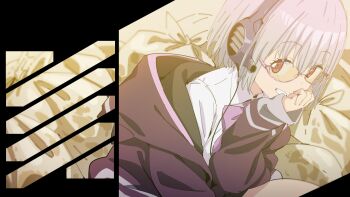 1girl bow broken_eyewear cable dot_nose gridman_universe grin hair_between_eyes hand_on_own_chin hand_up headphones highres hood hooded_jacket hoodie indoors jacket long_sleeves looking_at_viewer off_shoulder pink-framed_eyewear pink_bow purple_hair purple_jacket raised_eyebrows red_eyes semi-rimless_eyewear shinjou_akane shirt short_hair sitting sleeves_past_wrists smile solo ssss.gridman sunglasses teeth trash_bag trigger upper_body white_shirt woori_(jtfy3485)