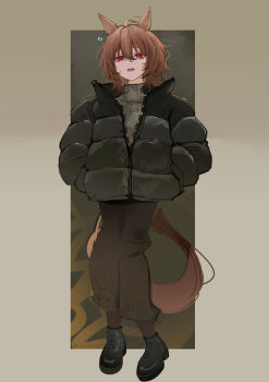 1girl absurdres agnes_tachyon_(umamusume) ahoge animal_ears black_boots black_jacket boots brown_hair chemical_structure commentary_request down_jacket ear_ornament earrings grey_sweater hair_between_eyes highres horse_ears horse_girl horse_tail jacket jewelry open_mouth red_eyes red_skirt sei_(bigaa) short_hair single_earring skirt solo sweater tail turtleneck turtleneck_sweater umamusume