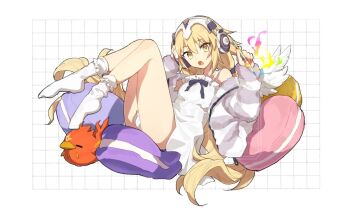 Rule 34 | 1girl, blonde hair, chemise, commentary request, cushion, fate/grand order, fate (series), feathers, fluffy clothes, frilled chemise, frilled socks, frills, full body, headphones, headpiece, jeanne d'arc (fate), kabutomushi s, long hair, looking at viewer, metatron jeanne (fate), metatron jeanne (second ascension) (fate), open clothes, open mouth, simple background, socks, solo, thighs, very long hair, watermark, white chemise, white feathers, white socks, yellow eyes