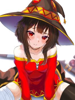 1girl arm_support asymmetrical_legwear bandaged_leg bandages bare_shoulders black_cape black_choker black_hat black_thighhighs blush breasts bright_pupils brown_hair cape choker collarbone commentary dress hair_over_shoulder hat kometsubu_xyz_(mangoro) kono_subarashii_sekai_ni_shukufuku_wo! leaning_forward long_sleeves looking_at_viewer mage_staff megumin naughty_face parted_lips raised_eyebrows red_dress red_eyes short_dress short_hair short_hair_with_long_locks sidelocks simple_background single_thighhigh skindentation small_breasts solo spread_legs staff thighhighs unworn_cape white_background witch_hat yellow_trim