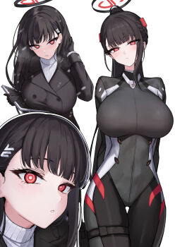 1girl :< absurdres aoi_riko black_bodysuit black_coat black_gloves black_hair black_jacket blue_archive blunt_bangs blush bodysuit breasts bright_pupils buttons close-up closed_mouth coat commentary dot_nose double-breasted floating_hair gloves hair_behind_ear hair_ornament halo hand_in_own_hair head_tilt high_ponytail highres holding holding_tablet_pc holster huge_breasts impossible_bodysuit impossible_clothes jacket lapels large_breasts long_hair long_sleeves looking_at_viewer multiple_views notched_lapels official_alternate_costume official_alternate_hairstyle outline parted_lips ponytail red_eyes ribbed_sweater ringed_eyes rio_(blue_archive) rio_(armed)_(blue_archive) simple_background single_sidelock skin_tight skindentation snow standing sweater tablet_pc taut_clothes taut_jacket thigh_gap thigh_holster turtleneck turtleneck_sweater very_long_hair white_background white_outline white_pupils white_sweater