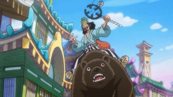 1boy 2girls animated animated_gif anime_screenshot architecture bear black_hair day east_asian_architecture japanese_clothes jumping kimono legs long_hair looking_at_another multiple_girls nami_(one_piece) nami_(one_piece)_(wano) nico_robin nico_robin_(wano) one_piece orange_hair ponytail roof running source_request staff usopp usopp_(post-timeskip) wanokuni