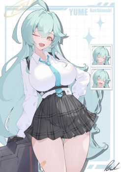 1girl ;d absurdres ahoge aqua_hair aqua_necktie bandaid bandaid_on_leg black_gloves black_skirt blue_archive border breast_pocket breasts brown_eyes collared_shirt expression_chart gloves grey_border halo high-waist_skirt highres large_breasts long_hair long_sleeves looking_at_viewer multiple_views necktie one_eye_closed open_mouth outside_border pisuke_(user_kcmh2774) plaid_clothes plaid_skirt pleated_skirt pocket shirt signature skirt smile smug sparkle teardrop thigh_gap underbust v-shaped_eyebrows very_long_hair white_background white_shirt wing_collar yawning yume_(blue_archive)
