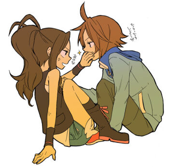 Rule 34 | 1boy, 1girl, ahoge, anger vein, antenna hair, black boots, blue jacket, boots, brown hair, commentary request, covering another's mouth, denim, denim shorts, full body, hilbert (pokemon), hilda (pokemon), jacket, looking at another, mogawa, nintendo, pokemon, pokemon bw, ponytail, red shoes, shoes, shorts, simple background, sitting, sparkle, white background