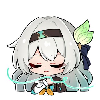 1girl blue_ribbon brown_hairband brown_jacket closed_eyes closed_mouth collared_shirt firefly_(honkai:_star_rail) gradient_hair grey_hair hair_between_eyes hair_ornament hair_ribbon hairband hashtag-only_commentary highres honkai:_star_rail honkai_(series) jacket long_hair makinomaki108 multicolored_hair neckerchief orange_neckerchief ribbon shirt simple_background smile solo white_background white_shirt