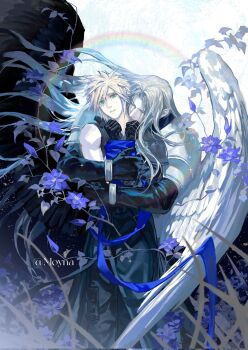 2boys armor black_coat black_gloves black_pants black_vest black_wings blonde_hair blue_flower blue_ribbon bound bound_wrists bracer bud chinese_commentary clematis_(flower) clenched_hands closed_eyes cloud_strife coat commentary_request crying crying_with_eyes_open final_fantasy final_fantasy_vii final_fantasy_vii:_advent_children flower foliage gloves grass green_eyes grey_hair hands_up highres hug hug_from_behind kiss kissing_neck long_bangs long_hair long_sleeves male_focus moyna multicolored_wings multiple_boys official_alternate_eye_color outdoors pants parted_bangs parted_lips pauldrons rainbow ribbon ribbon_bondage sephiroth short_hair shoulder_armor single_pauldron slit_pupils sparkle spiked_hair standing tears toned toned_male twitter_username upper_body very_long_hair vest waist_cape white_wings wings yaoi