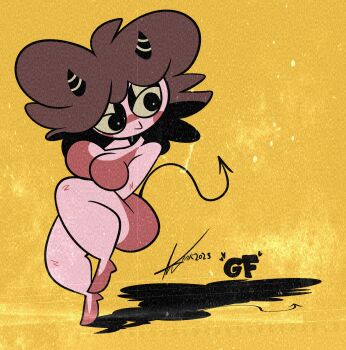 1girl artist_name breasts completely_nude friday_night_funkin' girlfriend_(friday_night_funkin') horns nude shadow solo tail yellow_background