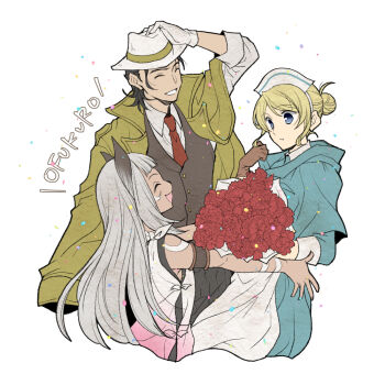 1boy 2girls animal_ears apron armband bare_shoulders black_armband black_hair black_pantyhose blonde_hair blue_eyes blue_robe blunt_bangs bouquet brown_gloves castti_florenz closed_eyes coat coat_on_shoulders collared_shirt cropped_legs fedora flower furrowed_brow gloves grey_hair grin hair_bun hand_on_headwear hat holding holding_bouquet hood hood_down hooded_robe long_hair multiple_girls necktie nurse nurse_cap ochette_(octopath_traveler) octopath_traveler octopath_traveler_ii open_mouth outstretched_arms pantyhose parted_bangs partitio_yellowil red_flower red_necktie robe satsuki_(chaosmode) shirt short_hair smile vest waistcoat white_apron white_background white_gloves white_hat white_shirt yellow_coat