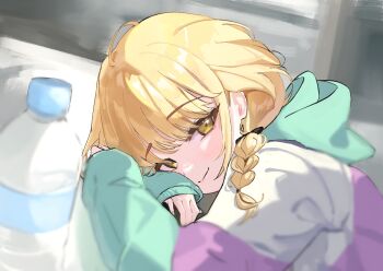 1girl arms_on_table blonde_hair bottle braid closed_mouth commentary fujita_kotone gakuen_idolmaster hood hoodie idolmaster long_sleeves looking_at_viewer mal0 smile solo upper_body water_bottle yellow_eyes