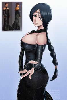 1girl artist_name bare_shoulders black_dress black_hair bleach braid braided_ponytail breasts closed_mouth detached_sleeves dress female_focus ivizard_art93 large_breasts lips long_hair mature_female padme_amidala_(cosplay) reference_inset reference_photo smile star_wars star_wars:_attack_of_the_clones unohana_retsu watermark