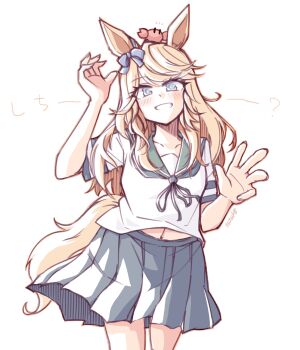 1girl animal_ears blonde_hair blue_eyes blue_neckerchief blue_sailor_collar blue_skirt bow commentary cosplay crab crab_on_head ear_bow gold_city_(umamusume) grin highres horse_ears horse_girl horse_tail kantai_collection long_hair neckerchief oboro_(kancolle) oboro_(kancolle)_(cosplay) pleated_skirt sailor_collar sailor_shirt school_uniform serafuku shirt skirt smile symbol-only_commentary tail tatahai umamusume white_shirt