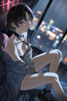 Rule 34 | 1girl, absurdres, arms between legs, bandeau, barbell piercing, bare shoulders, bikini, bikini under clothes, black bandeau, black bikini, black choker, black hair, black necktie, blue archive, breasts, brown eyes, choker, cityscape, commentary request, dong (art woodong), ear piercing, film grain, from side, halo, highres, indoors, industrial piercing, korean commentary, light blush, looking at viewer, medium breasts, misaki (blue archive), misaki (swimsuit) (blue archive), mouth hold, necktie, necktie in mouth, official alternate costume, piercing, pinstripe pattern, pinstripe shirt, platform sandals, red halo, sandals, shirt, shirt partially removed, short hair, sideways glance, sitting, solo, star halo, striped clothes, striped shirt, swimsuit, vertical-striped clothes, vertical-striped shirt, water drop, window