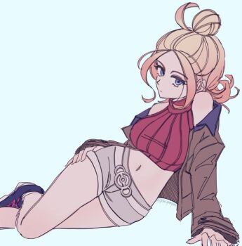 1girl ahoge blue_background blue_eyes breasts brown_jacket commentary_request gradient_hair jacket korean_commentary lying midriff multicolored_hair navel nintendo on_side open_clothes open_jacket poke_yumyum pokemon pokemon_legends:_z-a shorts simple_background solo taunie_(pokemon) white_shorts