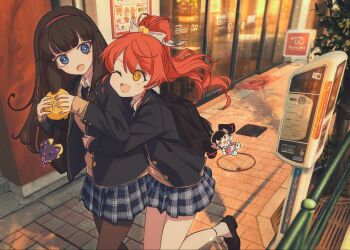 Rule 34 | 2girls, ;d, aged up, bag, black jacket, black pantyhose, blazer, blue eyes, brown hair, building, character charm, charm (object), commentary request, door, evening, food, gaaruru (pripara), highres, himitsupuri, holding, holding food, hug, jacket, kurosu aroma, loafers, long hair, long sleeves, miniskirt, multiple girls, neko (pripara), one eye closed, open mouth, outdoors, pantyhose, plaid clothes, plaid skirt, pleated skirt, ponytail, pouncing, pretty series, pripara, red hair, road, school bag, school uniform, shiratama mikan, shoes, skirt, slice of life, smile, socks, standing, standing on one leg, steamed bun, street, walking, white socks