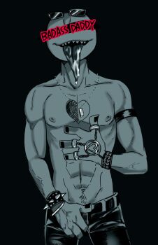 Rule 34 | 1boy, armband, black nails, bracelet, clothes pull, colored skin, dark background, dog tags, glasses on head, grey skin, heart on chest, highres, jewelry, male focus, pants, pants pull, peter dunbar, saliva, sharp teeth, shirtless, spiked bracelet, spikes, teeth, tongue, tongue out, your boyfriend, your boyfriend