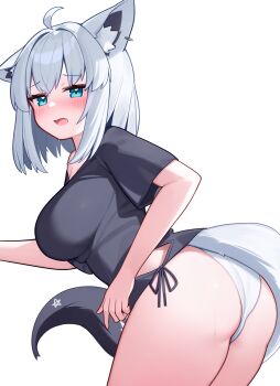 1girl ahoge animal_ear_piercing animal_ears aqua_eyes ass black_shirt blush breasts deaver fox_ears fox_girl fox_tail highres hololive large_breasts looking_at_viewer official_alternate_costume official_alternate_hair_length official_alternate_hairstyle open_mouth panties pentagram shirakami_fubuki shirakami_fubuki_(loungewear) shirt short_hair short_sleeves side-tie_shirt single_bare_shoulder single_off_shoulder solo tail underwear virtual_youtuber white_hair white_panties