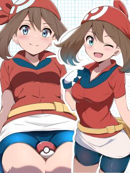 1girl :d absurdres bandana between_thighs bike_shorts black_gloves blue_eyes borgbutler brown_hair commentary fanny_pack gloves highres jacket long_hair looking_at_viewer may_(pokemon) multiple_views nintendo open_mouth outline poke_ball poke_ball_(basic) pokemon pokemon_rse red_bandana red_jacket short_sleeves skindentation smile thighs two-tone_gloves white_gloves white_outline yellow_bag