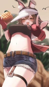 1girl animal_ears arknights bandeau belt black_bandeau breasts brown_hair caper_(arknights) caper_(summer_flowers)_(arknights) denim denim_shorts drink fingerless_gloves food from_below fruit fudji_(fuz_i_llust) gloves highres holding holding_drink jacket large_breasts looking_at_viewer midriff navel official_alternate_costume open_belt open_mouth outdoors pineapple rabbit_ears red_gloves red_jacket short_hair short_shorts shorts simple_bird solo sunglasses thigh_strap torn_clothes torn_shorts visor_cap w