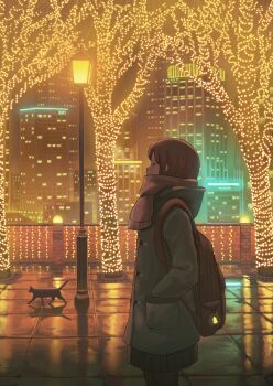 1girl backpack bag black_skirt brown_hair building cat christmas_lights city city_lights coat commentary_request green_coat hand_in_pocket highres lamppost night original pasoputi pleated_skirt railing red_scarf reflection scarf scenery skirt skyscraper standing walking winter
