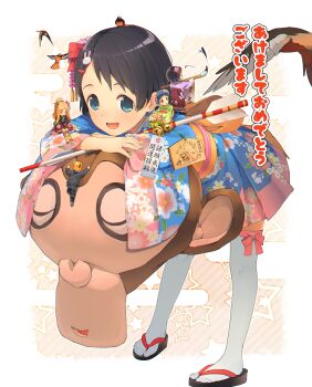 10s 4girls akeome arrow_(projectile) bad_id bad_tumblr_id bell bird black_eyes black_hair blonde_hair blue_eyes blue_hair blush brown_eyes calligraphy_brush climbing ema eyebrows floral_print flower giant giantess hair_flower hair_ornament hairclip hamaya happy_new_year highres idolmaster idolmaster_cinderella_girls japanese_clothes jingle_bell kimono leaning_forward long_hair looking_at_viewer matsuo_chizuru mochizuki_hijiri monkey multiple_girls new_year okazaki_yasuha open_mouth p-head_producer paintbrush producer_(idolmaster) red_eyes sandals sasaki_chie short_hair size_difference smile tabi teiryoku_lolita thighhighs translation_request white_legwear