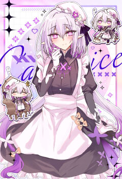 1girl alternate_costume apron armchair black_dress blush breasts broom castorice_(honkai:_star_rail) chair character_name chibi closed_eyes closed_mouth commentary_request dress english_text enmaided frilled_apron frilled_dress frills gloves grey_hair hair_between_eyes hand_up hat highres holding holding_broom honkai:_star_rail honkai_(series) juliet_sleeves kinona long_sleeves maid medium_breasts mob_cap multicolored_hair multiple_views on_chair outline pointy_ears puffy_sleeves purple_eyes purple_hair sitting sleeping smile sparkle tilted_headwear two-tone_hair v-shaped_eyebrows white_apron white_gloves white_hat white_outline zzz