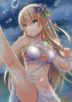 >:) 1girl absurdres asaba_touka bikini bikini_skirt blonde_hair blue_sky blush breasts cleavage closed_mouth commentary_request cowboy_shot criss-cross_halter earrings eyelashes eyes_visible_through_hair flower green_eyes hair_between_eyes hair_flower hair_ornament hair_ribbon halterneck hand_up heaven_burns_red highleg highres jewelry kneepits large_breasts leaf_hair_ornament leg_up long_hair looking_at_viewer navel night ocean official_alternate_costume outdoors purple_flower ribbon sky smile solo split_mouth stomach swimsuit thighs toujou_tsukasa v-shaped_eyebrows very_long_hair water_drop wet white_bikini white_ribbon