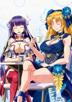 2girls astraea_(fate) astraea_(first_ascension)_(fate) blonde_hair blue_ribbon breasts cleavage closed_eyes commission commissioner_upload cup drill_hair earrings fate/grand_order fate_(series) glass gradient_hair hair_ribbon highres holding holding_cup jewelry long_hair martha_(fate) martha_(third_ascension)_(fate) multicolored_hair multiple_girls purple_hair red_thighhighs ribbon rofu_get signature skeb_commission steam sweatdrop teacup thighhighs thighs very_long_hair white_ribbon