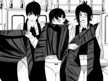 Rule 34 | blush, chainsaw man, clothes lift, collared shirt, dress, dress lift, fujimoto tatsuki (style), greyscale, hair ornament, hairclip, higashiyama kobeni, highres, lifting own clothes, mitaka asa, monochrome, nanami toga, open mouth, panties, pinafore dress, ponytail, scar, scar on face, shirt, short ponytail, sleeveless, sleeveless dress, sweat, tendou michiko, train interior, underwear