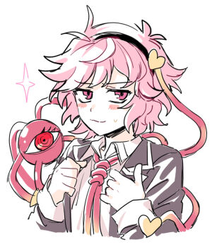 1girl adjusting_clothes black_coat blush closed_mouth coat collar detective hair_between_eyes komeiji_satori looking_at_viewer pink_eyes pink_hair re_ghotion shirt short_hair simple_background sleeve_cuffs solo sparkle sweat third_eye touhou white_background white_collar white_shirt