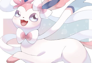 Rule 34 | animal focus, artist name, blue background, blue eyes, border, bow, commentary request, fang, gen 6 pokemon, gradient background, highres, iwasi 29, nintendo, no humans, open mouth, outside border, pink background, pokemon, pokemon (creature), smile, sylveon, tail, twitter username, white border, white bow, white fur