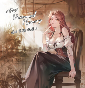 1girl black_corset black_skirt bloom blurry blurry_background braid breasts brown_eyes chair cleavage copyright_name corset detached_sleeves dress feet_out_of_frame finger_to_mouth flower hair_flower hair_ornament herb_bundle highres large_breasts light_smile long_hair looking_at_viewer lucrezia_(unnamed_memory) miz orange_hair sitting skirt solo unnamed_memory white_dress wooden_chair