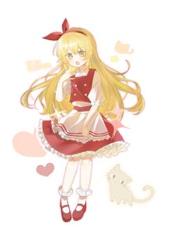 Rule 34 | 1girl, apron, blonde hair, buttons, cat, character name, commentary request, dong yu hei mao, ellen (touhou), frilled apron, frilled sleeves, frilled socks, frills, full body, hair ribbon, hairband, hand up, heart, highres, long hair, looking at viewer, mary janes, open mouth, petticoat, puffy short sleeves, puffy sleeves, red hairband, red ribbon, red shoes, red skirt, red vest, ribbon, shirt, shoes, short sleeves, simple background, skirt, socks, solo, touhou, touhou (pc-98), vest, waist apron, white apron, white background, white shirt, white socks, yellow eyes
