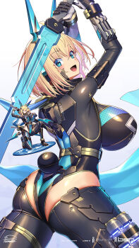 1girl animal_ears arms_up ass black_hiphighs black_leotard blonde_hair blue_eyes blush breasts bunny_suit_planning commentary fake_animal_ears from_behind highleg highleg_leotard highres hiphighs holding holding_sword holding_weapon large_breasts leotard looking_at_viewer looking_back mecha_musume mechanical_ears shiny_skin short_hair skindentation smile solo sophia_f_shirring standing sword symbol-only_commentary takamine_nadare weapon