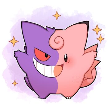 Rule 34 | absurdres, blush, clefable, colored sclera, full body, fusion, gen 1 pokemon, gengar, ghost, grin, highres, looking at viewer, nintendo, no humans, open mouth, pokemon, pokemon (creature), pokemon focus, red eyes, red sclera, sevi (seviyummy), smile, star (symbol), tail, teeth