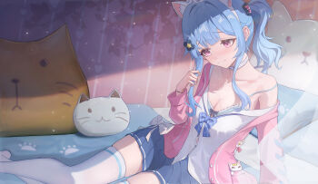 1girl absurdres animal_ear_fluff animal_ear_hairband animal_ears aqua_thighhighs black_ribbon blue_bra blue_hair blue_ribbon blue_skirt bra breasts cat-shaped_pillow chinese_commentary cleavage collar collarbone commentary_request fake_animal_ears feet_out_of_frame flower_hairpin hairband hand_up highres indoors jacket kosaka_kaslana large_breasts long_hair long_sidelocks long_sleeves looking_down multicolored_thighhighs no_shoes on_bed original pillow pink_eyes pink_jacket ribbon shirt sidelocks single_bare_shoulder sitting skindentation skirt striped_ribbon thighhighs thighs two-tone_thighhighs unbuttoned_jacket underwear white_collar white_ribbon white_shirt white_thighhighs zettai_ryouiki
