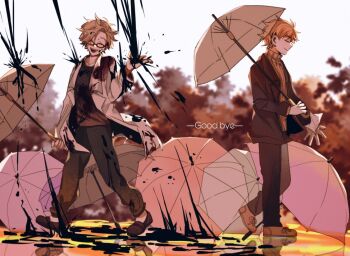 2boys atou_haruki black_jacket black_pants black_shirt black_slippers blonde_hair blood blood_on_clothes blurry blurry_background brown_shoes brown_sweater chinese_commentary commentary_request english_text full_body glasses goodbye grey_hair holding holding_umbrella jacket kanou_aogu lab_coat lemijiang liquid long_sleeves male_focus multiple_boys open_clothes open_jacket open_mouth pants red_eyes ribbed_sweater saibou_shinkyoku shirt shoes short_hair slippers smile sweater too_many_umbrellas turtleneck turtleneck_sweater umbrella walking