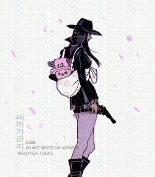 1boy 1girl black_boots black_hair black_hat boots carrying closed_mouth commentary_request cross falling_petals gun hat high_collar holding holding_gun holding_weapon korean_commentary long_hair nico_robin one_piece petals piggyback pink_hat profile scottish_fold12 smile solo tony_tony_chopper twitter_username weapon