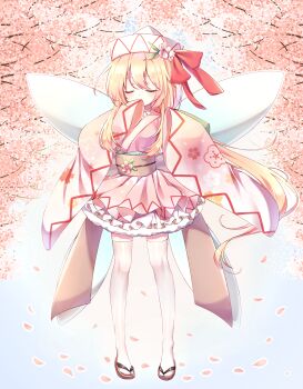 1girl absurdres blonde_hair cherry_blossoms closed_mouth commentary_request floral_print flower flower_ornament hair_flower hair_ornament highres japanese_clothes kimono lily_white lolita_fashion long_hair obi petals pudding_(skymint_028) red_ribbon ribbon sash thighhighs touhou tree wa_lolita white_thighhighs wide_sleeves wings